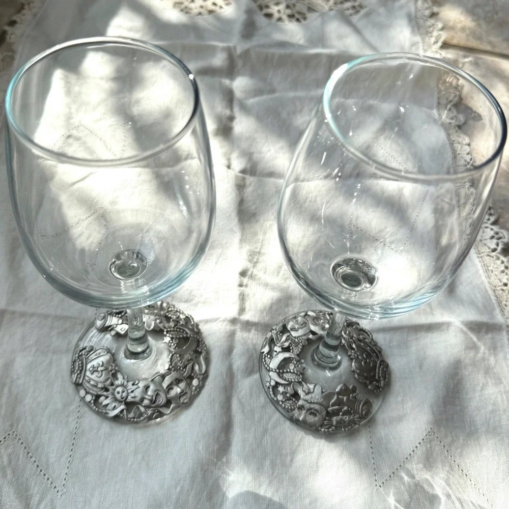 1990's Lindsay Claire Set of 2 Silver Pewter Base Wine Glasses Theater
